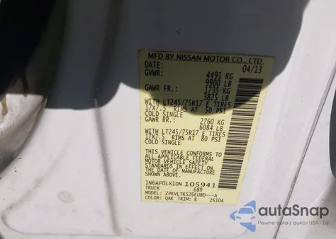 2013 Nissan Nv Cargo Nv3500 Hd Sv V8 z USA, uszkodzony, nr VIN 1N6AF0LX1DN105941